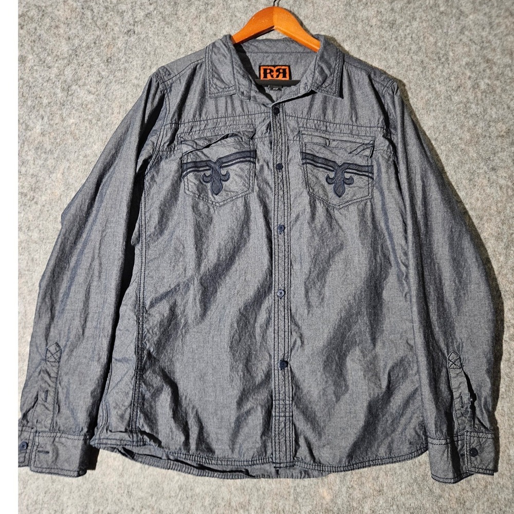 Rock Revival Button Up Shirt Mens XL Gray Long Sleeve Embroidered